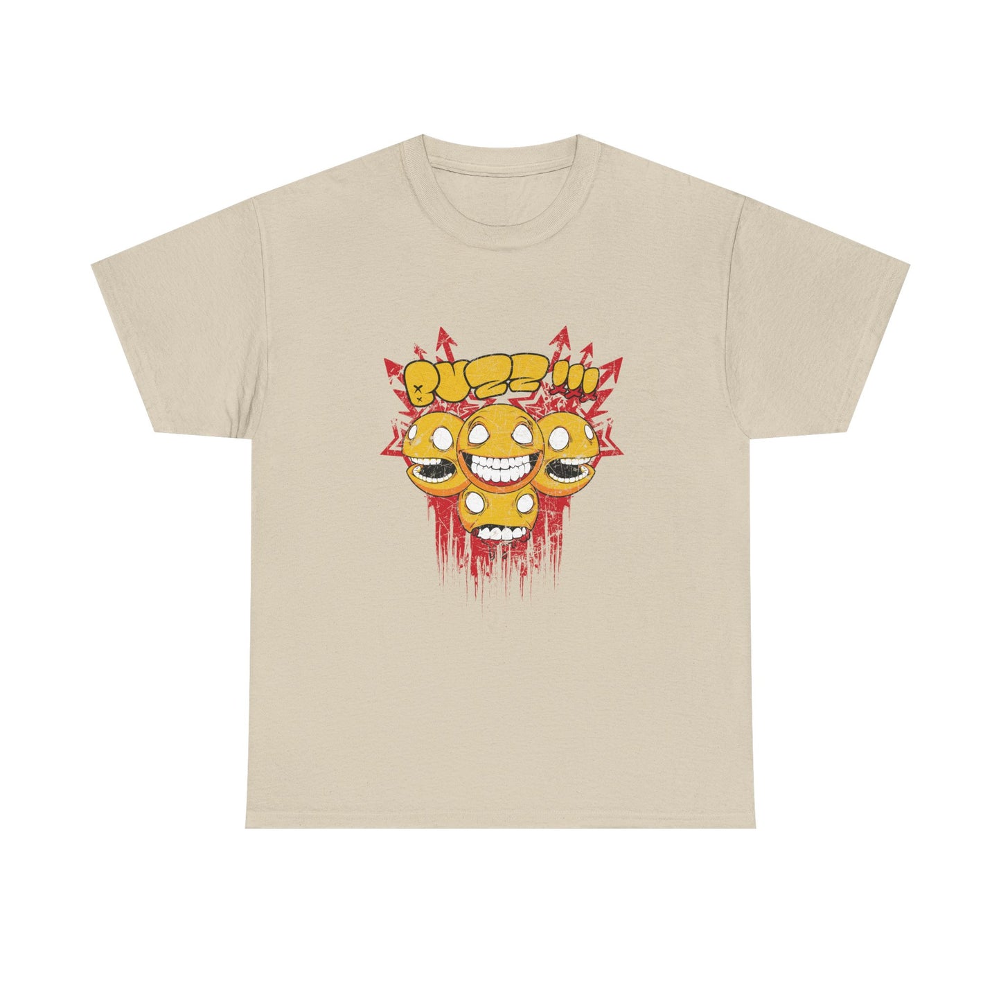 Elegant beige graphic t-shirt showcasing quirky yellow smiley faces against a striking red background, representing a unique street art aesthetic.