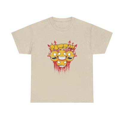Elegant beige graphic t-shirt showcasing quirky yellow smiley faces against a striking red background, representing a unique street art aesthetic.