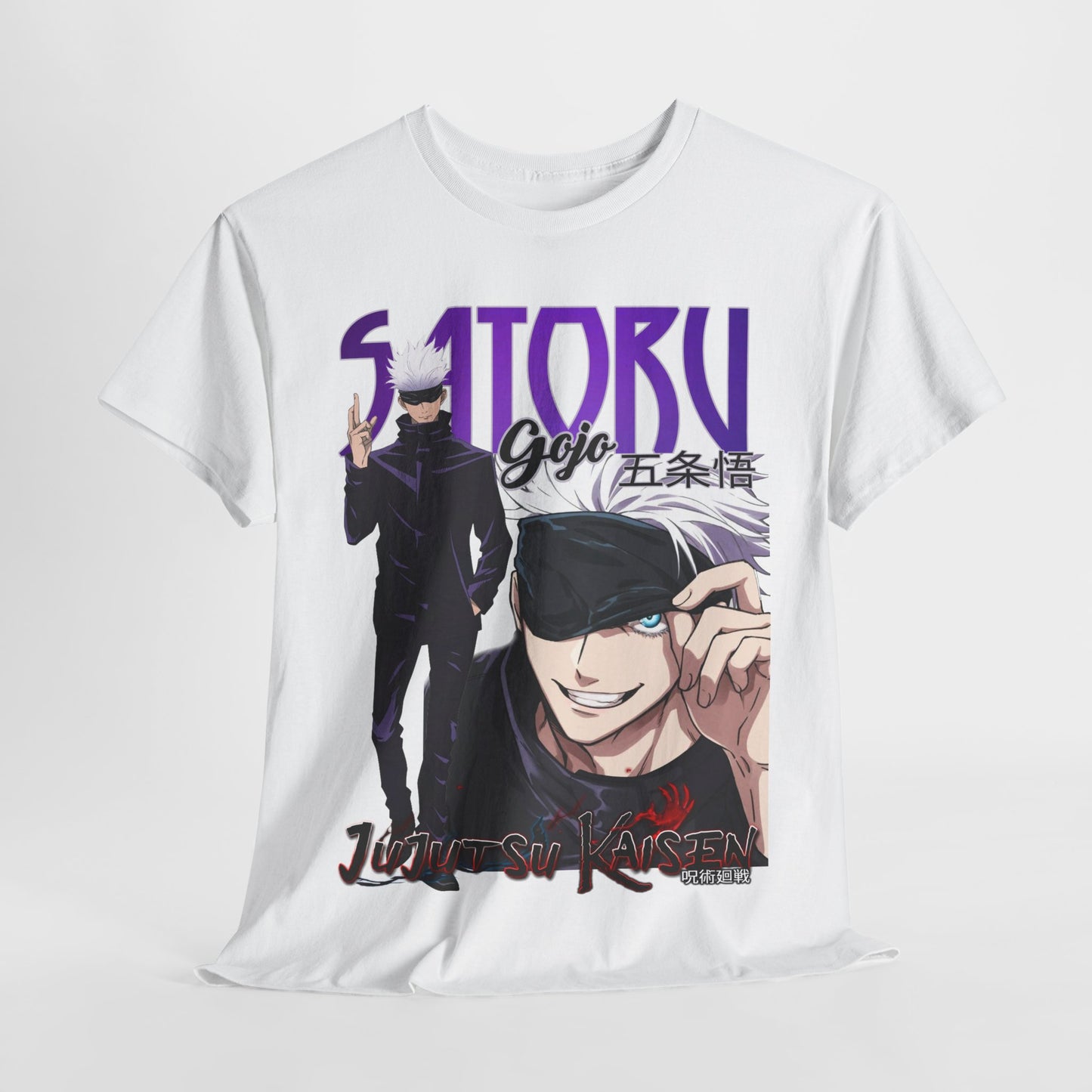 Luxury white T-shirt featuring exquisite anime-inspired design of Gojo Satoru from Jujutsu Kaisen, showcasing striking vibrant colours and captivating artwork with bold text elements for discerning fans.
