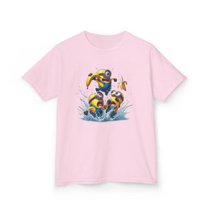 A pink Minions T-Shirt displayed flat, featuring a fun print of Minions splashing in water. This funny T-Shirt is perfect for kids who adore Minions and want to showcase their love for the Despicable Me series.