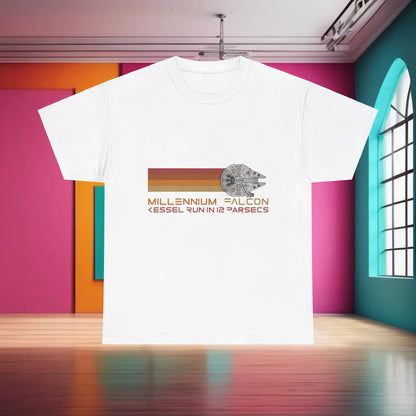 Millennium Falcon Abstract Art Graphic T-Shirt in white, featuring retro design elements with the phrase 'Kessel Run in 12 Parsecs', ideal for urban streetwear enthusiasts.