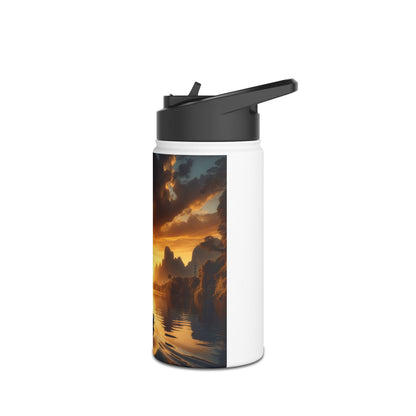 Sophisticated Fantasy Paddleboarding Stainless Steel Water Bottle featuring a beautiful sunset and paddleboarder artwork, an essential accessory for the upscale adventurer.