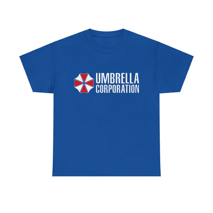 Umbrella Corporation Graphic Unisex Tee Shirt with a vibrant red and white logo on refined blue fabric, perfect for making a statement.
