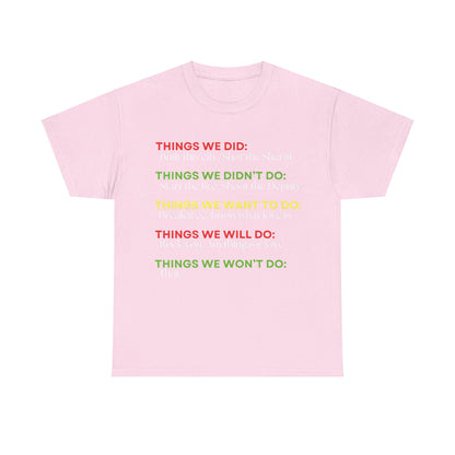 Rock Anthems Tribute Unisex Cotton T-Shirt Graphic Tee in soft pink, elegantly displaying colourful phrases inspired by legendary rock anthems.