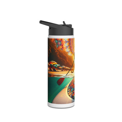 Luxury Fantasy Paddleboarding Stainless Steel Water Bottle with vibrant beach scenery and paddle, perfect for outdoor enthusiasts.