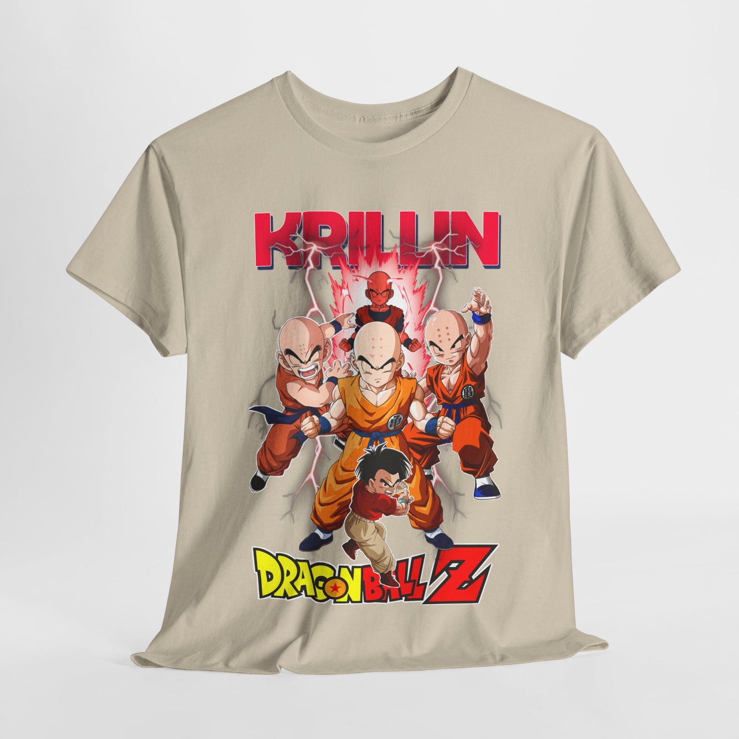 Chic layout of a Krillin and Z Fighters T-shirt, focusing on the iconic artwork, ideal for adding a touch of anime elegance to any wardrobe.