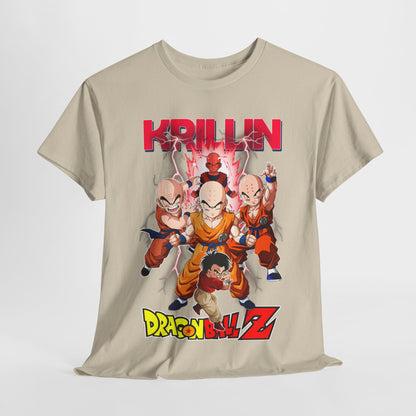 Chic layout of a Krillin and Z Fighters T-shirt, focusing on the iconic artwork, ideal for adding a touch of anime elegance to any wardrobe.