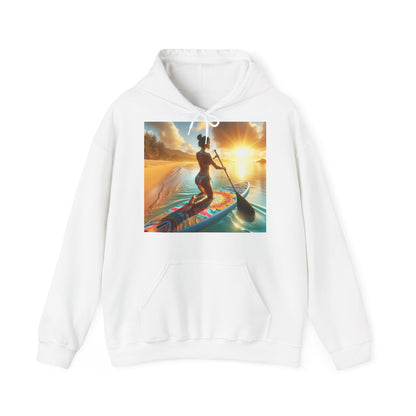 Fantasy Paddleboarding Unisex Hooded Sweatshirt in pristine white, showcasing a captivating sunset scene of a woman paddleboarding, perfect for luxurious casual outings.