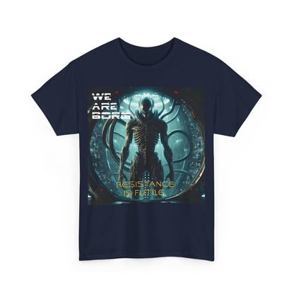 Borg Assimilated Xenomorph Graphic T-Shirt in navy, featuring a stunning design with the text 'WE ARE BORG' and 'RESISTANCE IS FUTILE', perfect for high-end geek chic style.