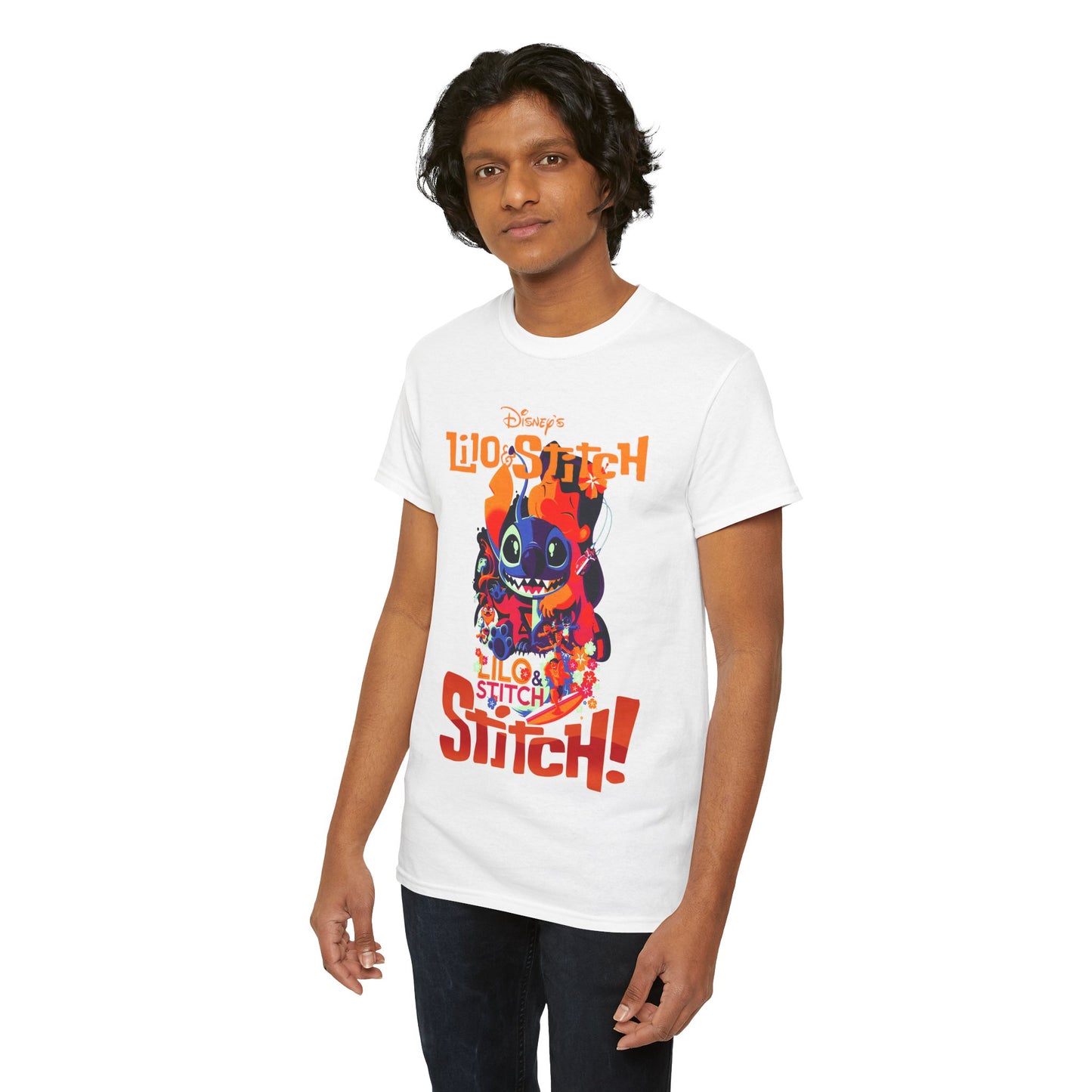Another model showcasing a stylish Lilo & Stitch graphic t-shirt, emphasizing the playful print and versatile fashion, ideal for Disney enthusiasts.
