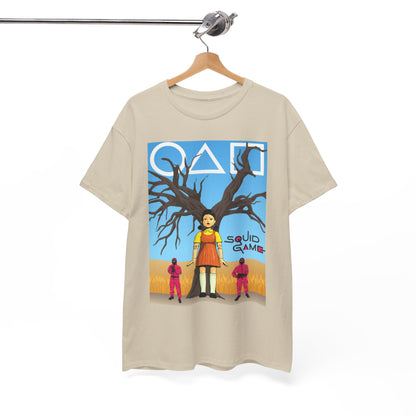 Sophisticated Squid Game t-shirt artfully displayed on a hanger, embodying both sophistication and a playful nod to modern pop culture.