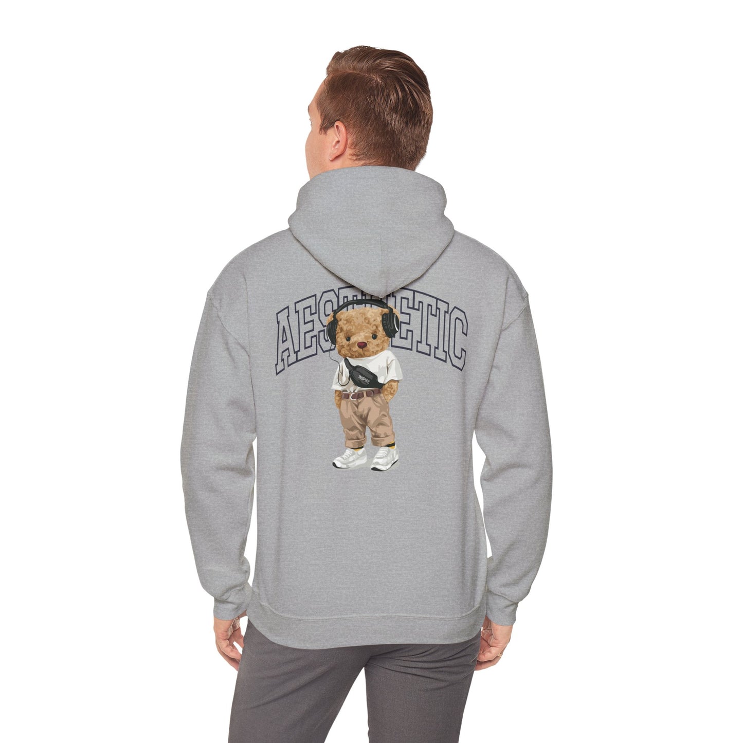 Elegant grey hoodie featuring a striking cartoon teddy bear design on the back, embodying a chic aesthetic vibe with the word 'AESTHETIC' arched above the bear, perfect for making a stylish statement.