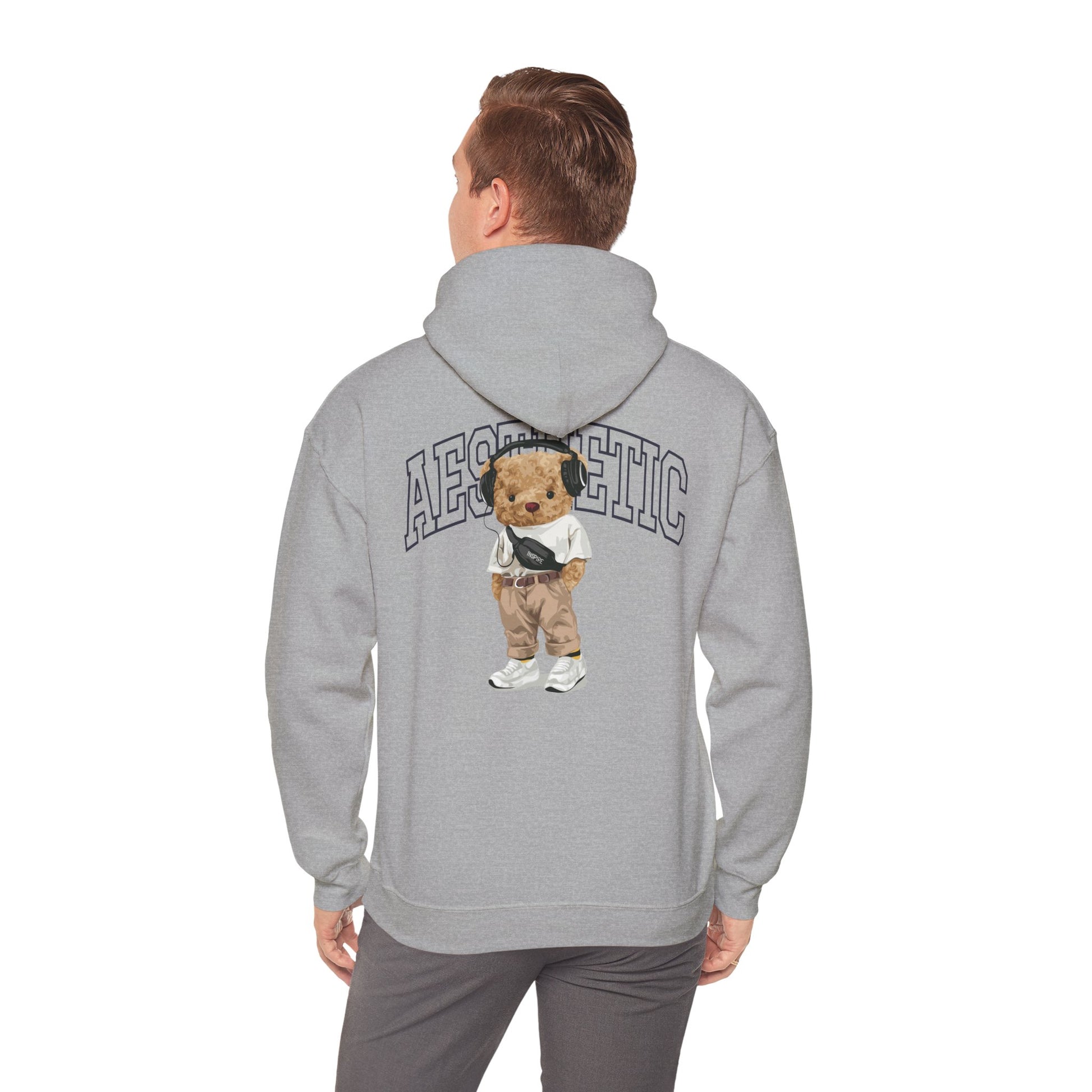 Elegant grey hoodie featuring a striking cartoon teddy bear design on the back, embodying a chic aesthetic vibe with the word 'AESTHETIC' arched above the bear, perfect for making a stylish statement.