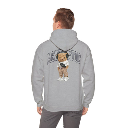 Elegant grey hoodie featuring a striking cartoon teddy bear design on the back, embodying a chic aesthetic vibe with the word 'AESTHETIC' arched above the bear, perfect for making a stylish statement.