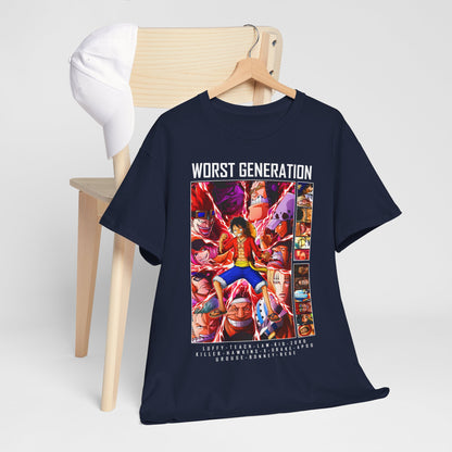 Chic navy blue T-shirt draped on a stylish wooden chair, showcasing the iconic 'Worst Generation' design, complemented by a nearby white cap, for a complete luxury anime-inspired outfit.