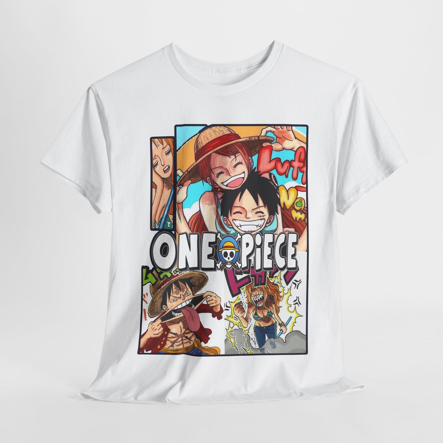 Luxury White One Piece Manga T-Shirt featuring a vibrant anime collage with popular characters, perfect for anime enthusiasts.