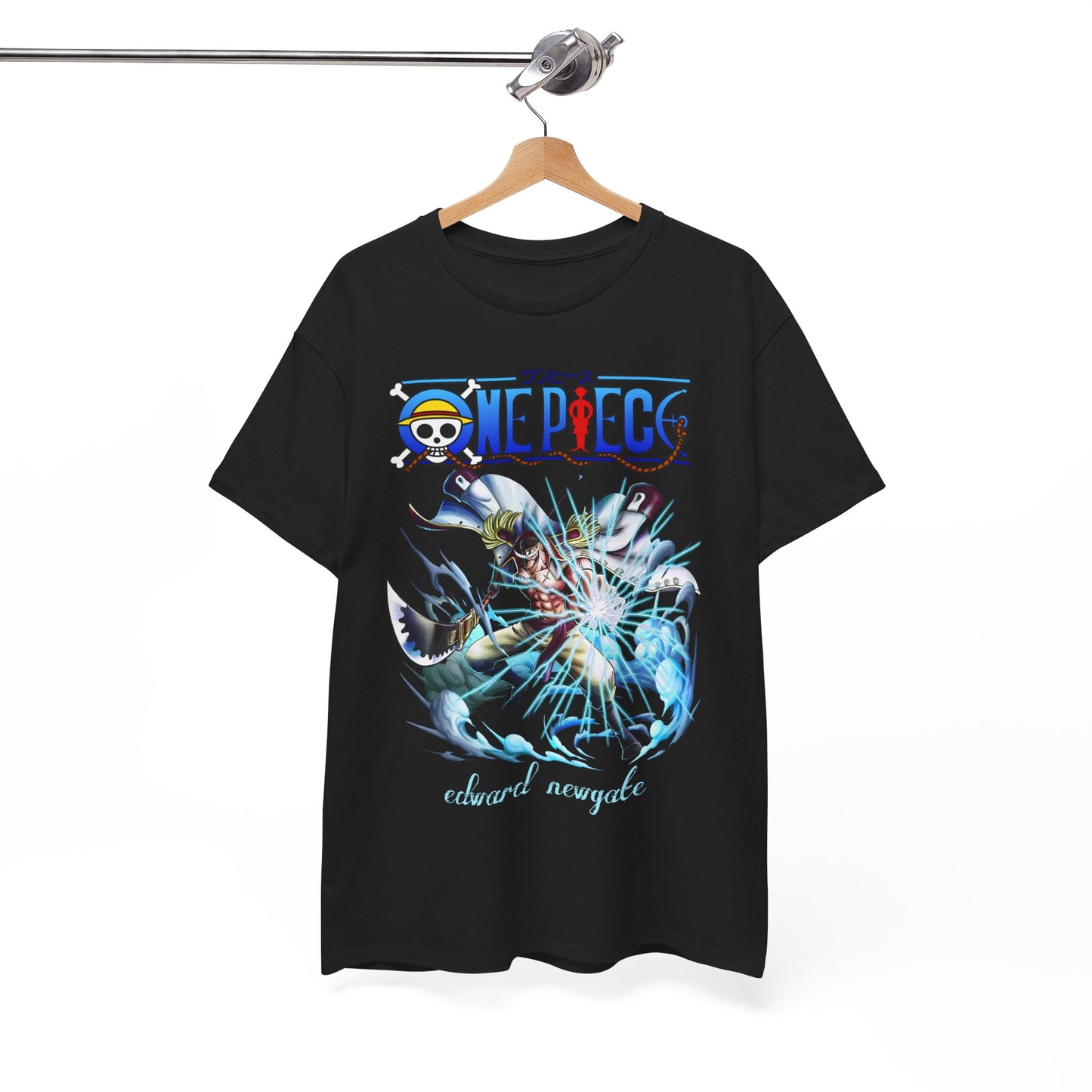 One Piece men's t-shirt on a stylish hanger, featuring striking Edward Newgate artwork, ideal for casual wear.