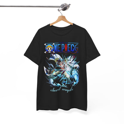One Piece men's t-shirt on a stylish hanger, featuring striking Edward Newgate artwork, ideal for casual wear.