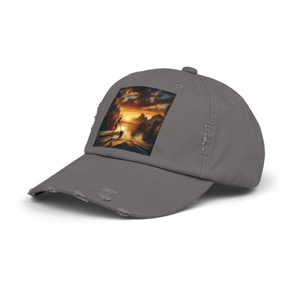 Unisex Distressed Paddleboarders Cap - Stylish Sun Protection for Adventurous Water Lovers featuring a stunning paddleboarding graphic against a vibrant sunset.