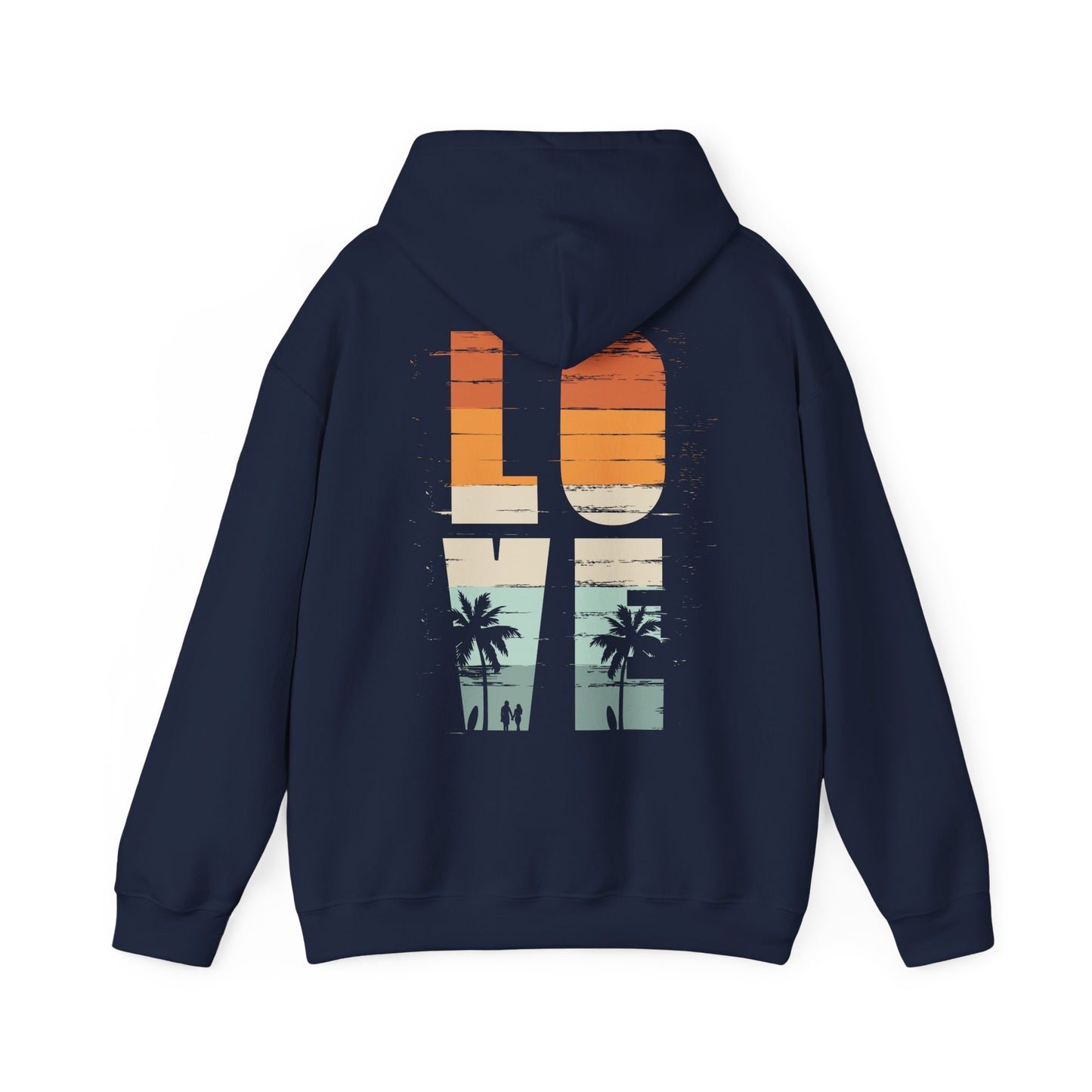 Elegant Vintage Love Hoodie in navy, showcasing a retro graphic design with vibrant palm trees and ocean waves, perfect for a chic casual look.