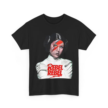 Luxury graphic t-shirt featuring Princess Leia with a bold 'REBEL REBEL' design, capturing the essence of iconic pop culture. Perfect for fans of Star Wars and unique fashion.
