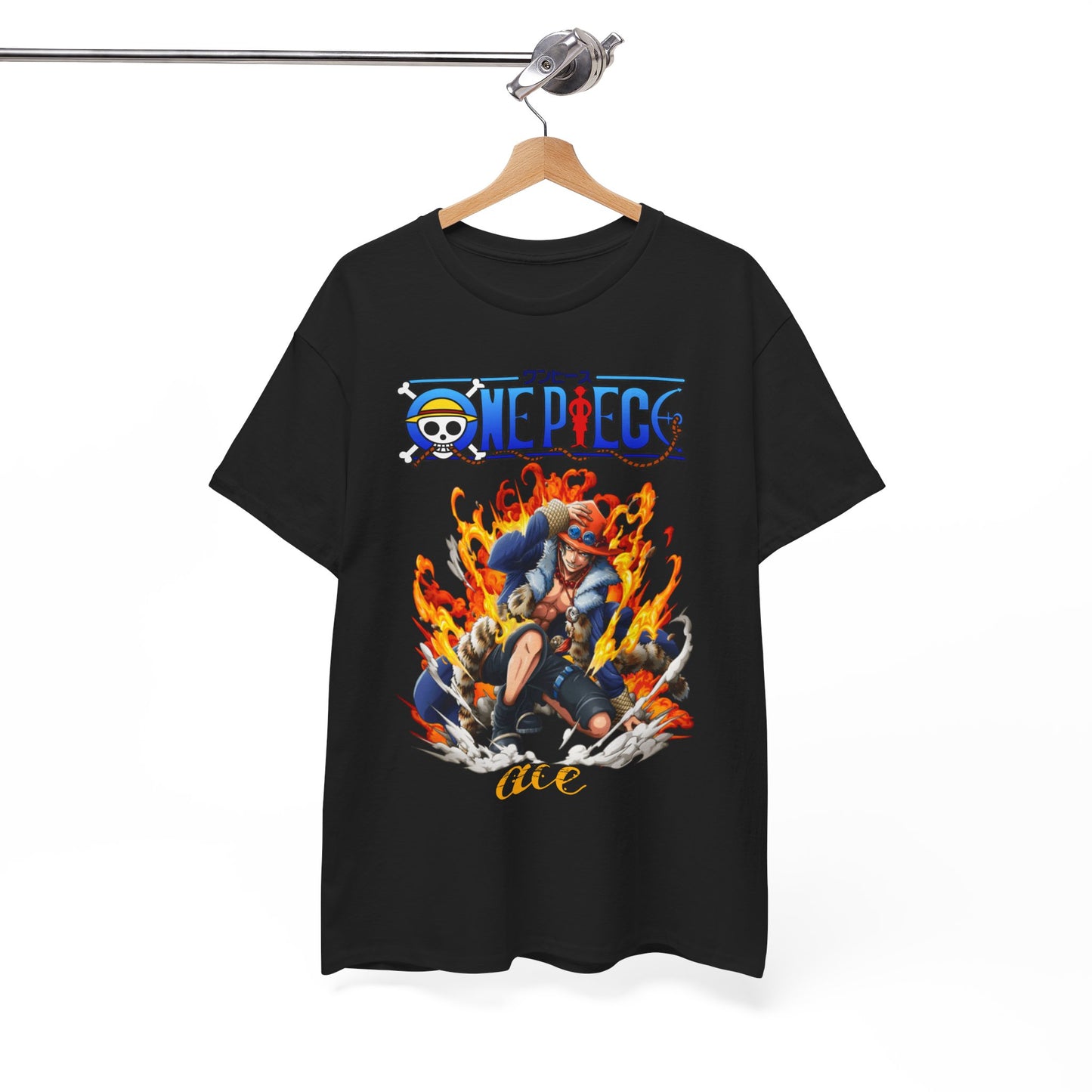 Sophisticated black Epic Ace men's T-shirt displayed on a hanger, showcasing a dynamic design of Ace from One Piece surrounded by flames, a perfect statement piece.