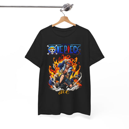 Sophisticated black Epic Ace men's T-shirt displayed on a hanger, showcasing a dynamic design of Ace from One Piece surrounded by flames, a perfect statement piece.