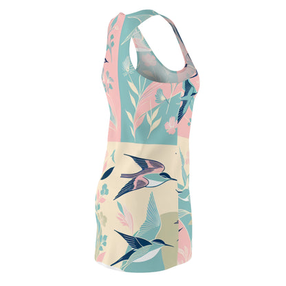 Stylish Emilia Rosseau Racerback Dress by Dazzling Dreams Studio displayed on a mannequin, highlighting its whimsical pastel bird pattern and elegant fit.