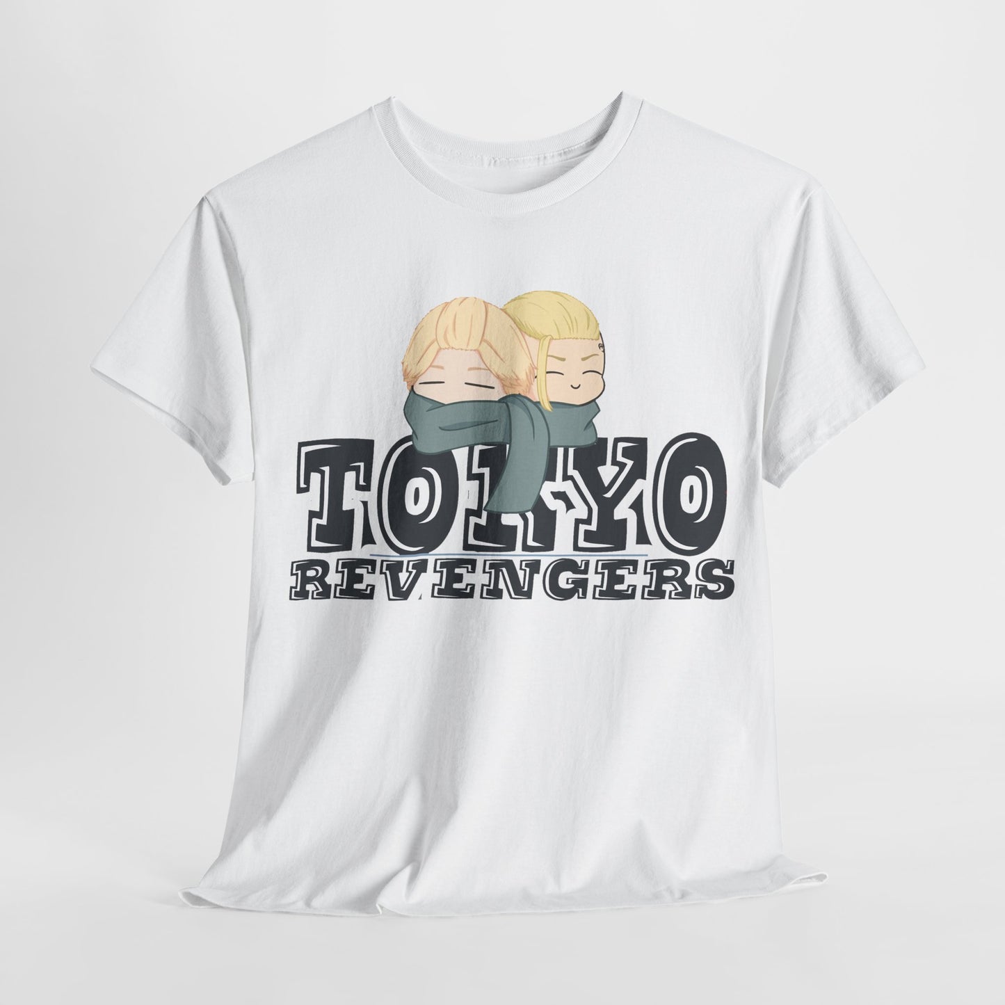 Stylish display of a white Tokyo Revengers graphic tee, highlighting the endearing characters with soft blonde hair against a crisp white backdrop.