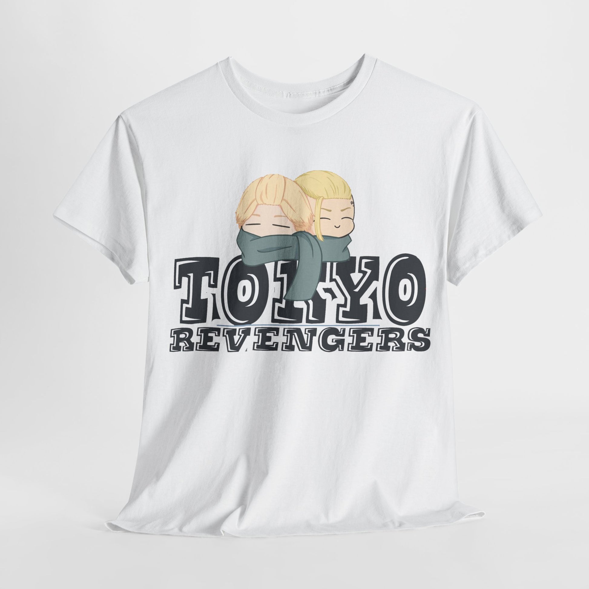 Stylish display of a white Tokyo Revengers graphic tee, highlighting the endearing characters with soft blonde hair against a crisp white backdrop.