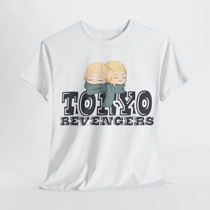 Stylish display of a white Tokyo Revengers graphic tee, highlighting the endearing characters with soft blonde hair against a crisp white backdrop.