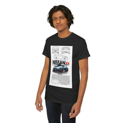 Unisex Nissan GTR R35 t-shirt design for men and women, elegantly presenting the technical illustration and dynamic racing pose of the legendary GTR R35.