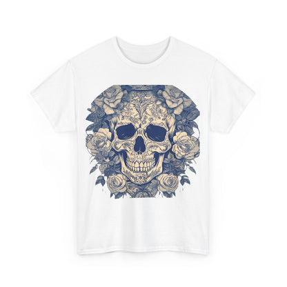 Skulls and Roses Cotton Tee featuring an intricate skull surrounded by roses, a luxurious unisex graphic shirt available in seven color choices.