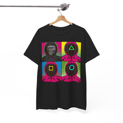 Sophisticated Squid Game Pop Art Unisex Graphic Tee displayed on a hanger, highlighting vibrant masked guard designs in a contemporary style.