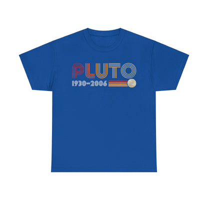 PLUTO Retro Graphic Unisex T-Shirt in Soft Cotton - Celestial Tribute Tee displaying a captivating design with 'PLUTO' and '1930-2006' in vibrant retro colours on a rich blue background.