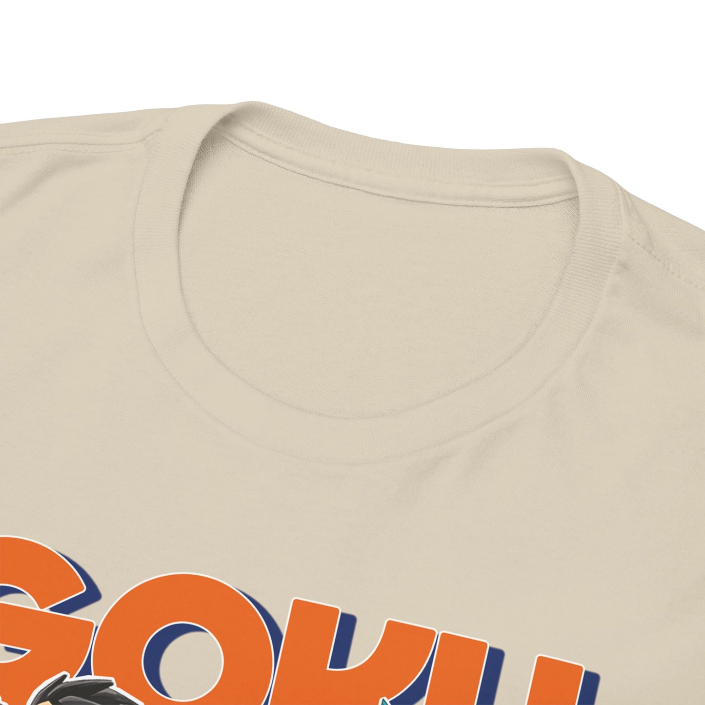 Detailed close-up of Goku Power Surge T-Shirt collar, showcasing premium fabric and luxurious graphic design for passionate anime fans.