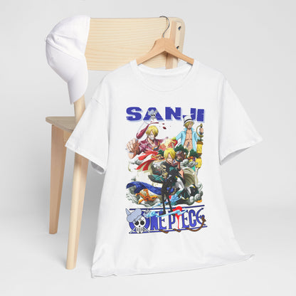 Luxurious white mens t-shirt featuring a vibrant Sanji anime graphic from One Piece, elegantly displayed on a wooden hanger beside a chic cap.