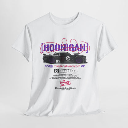 Stylish Ford Mustang Hoonicon V2 graphic tee in white, featuring a dynamic design with bold typography and the iconic Hoonicorn car, perfect for motorsport enthusiasts.