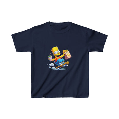 Unisex Kids Bart Simpson Cotton T Shirt Tee in navy showcasing Bart Simpson on a skateboard, ideal for vibrant youth fashion.