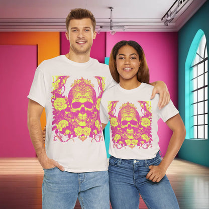 Stylish couple wearing the Skulls and Roses Cotton Tee in a chic setting, highlighting the bold, artistic graphic of skulls and roses, ideal for those embracing an alternative fashion statement.