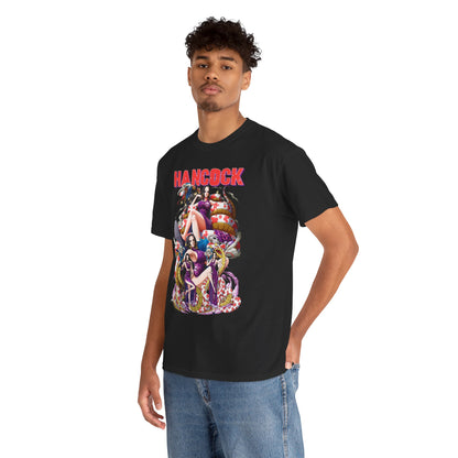 Fashionably modelled black Hancock t-shirt, featuring striking anime art, perfect for the modern trendsetter.