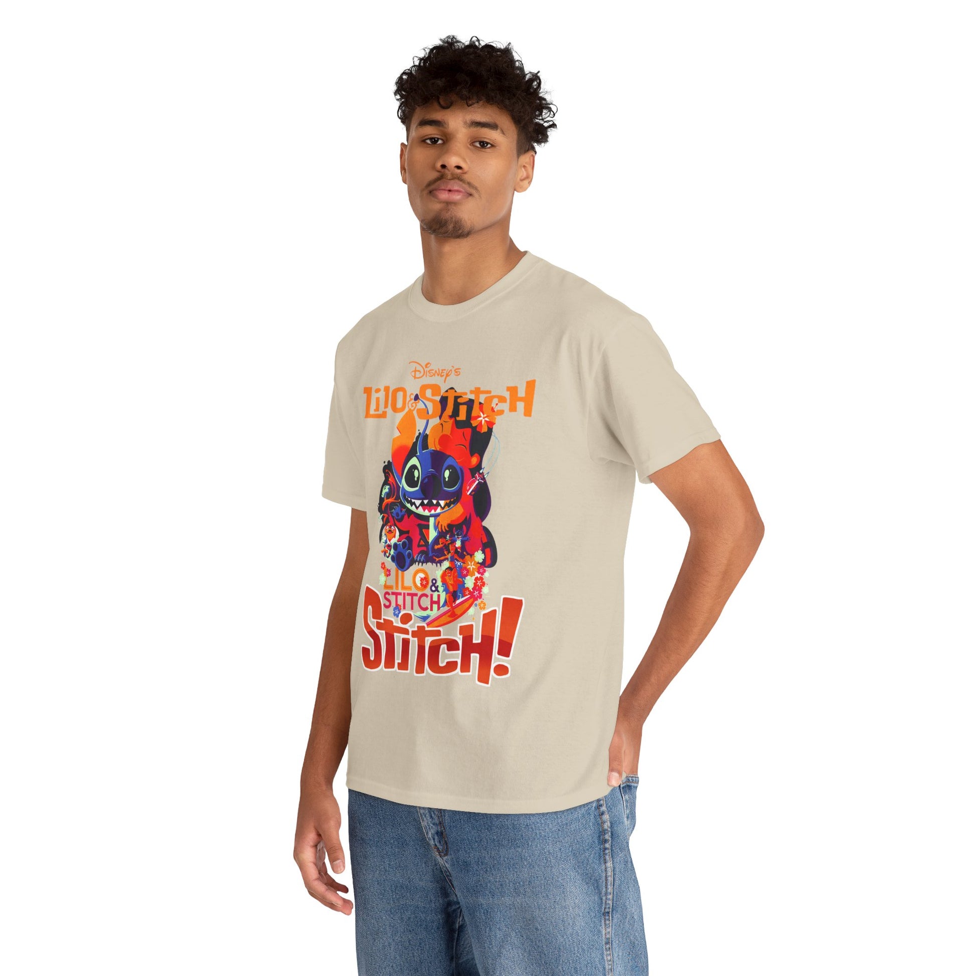 Model displaying the Lilo & Stitch graphic t-shirt, featuring vibrant prints of Lilo and Stitch, embodying a playful and luxurious Disney style.
