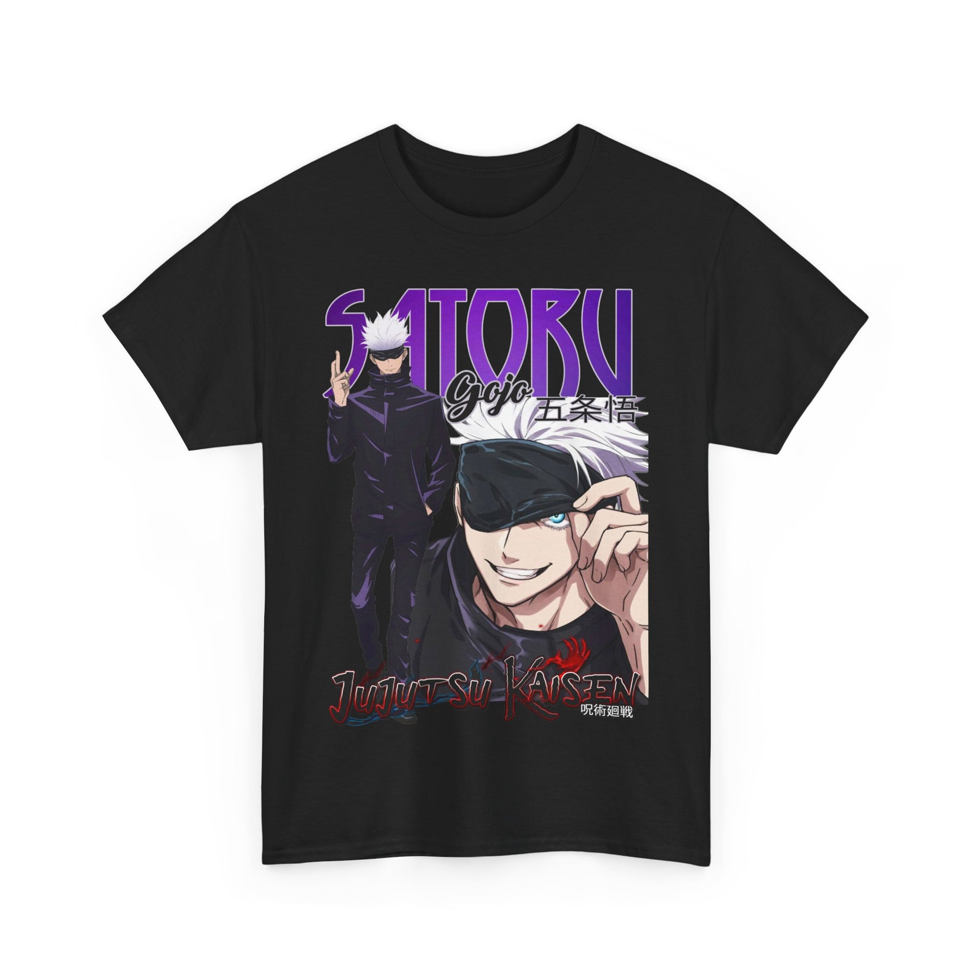 Sophisticated black variant of the Gojo Satoru T-shirt, featuring vibrant graphics from Jujutsu Kaisen.