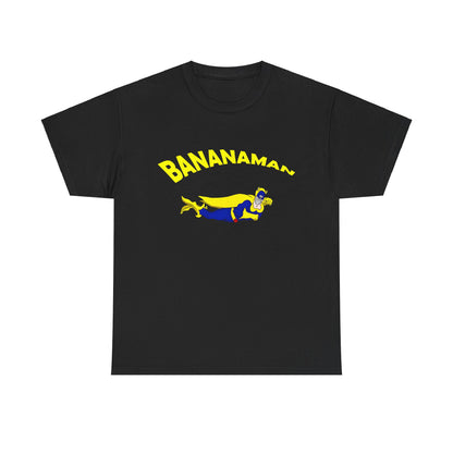 Limited Edition Bananaman Graphic Unisex T-Shirt in black, adorned with a playful hero design, showcasing the charming and unique aesthetic of Bananaman.
