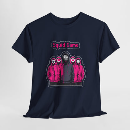 Squid Game Unisex Men´s Women´s Graphic Cotton Funny T Shirt Tee displayed in a chic navy shade, featuring graphic print of iconic hooded figures, ideal for adding a statement to a luxe wardrobe.