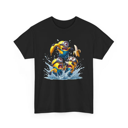 Graphic design of a black T-shirt with playful artwork of Minions splashing in water, an expression of fun and mischief. Perfect for Minions fans seeking a funny T-shirt. T Shirt, Funny, Minions.