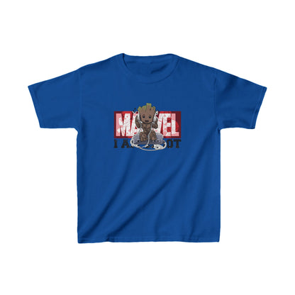 Elegant unisex kids cotton T-shirt showcasing a charming 'I Am Groot' design, ideal for young adventurers. This eye-catching royal blue tee is crafted for comfort, celebrating the spirit of Marvel in a fashionable way.