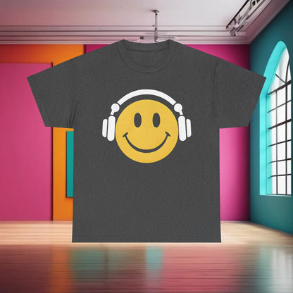 Enchanted Harmony Graphic T-Shirt displaying a striking yellow smiley face with white headphones, elegantly positioned on a modern grey canvas for a chic, luxurious appeal.