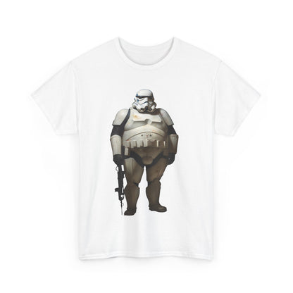 Chubby Stormtrooper Graphic Unisex Graphic Tee Shirt showcasing a whimsical illustration of a stout Stormtrooper in light beige armour on a classic white t-shirt.