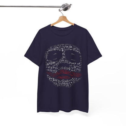 Chic navy t-shirt hanging on a stylish wooden hanger, featuring a whimsical graphic of the Joker's face with an intriguing arrangement of 'HA' expressions and dramatic red detailing.
